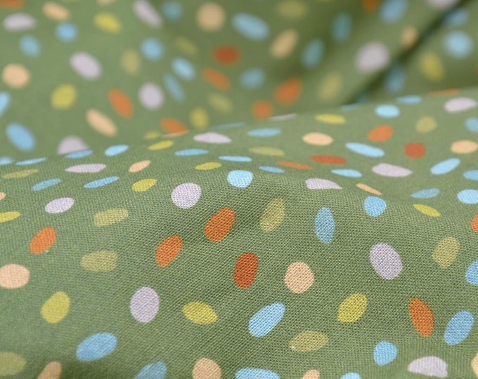 Green cotton fabric with blue, orange, and beige polka dots, Westfalenstoffe - 145 cm wide - patterned fabric, polka dots