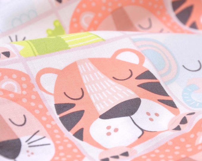 Cotton fabric with tigers, crocodiles, rhinos, green, blue, apricot - 110 cm wide - patterned fabric, animals