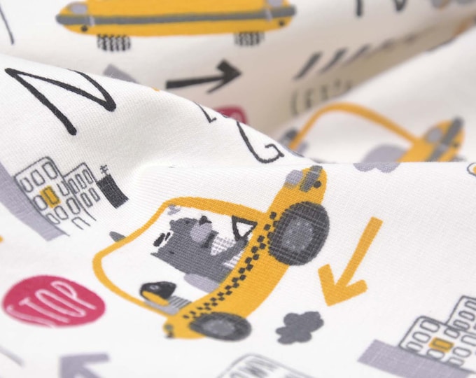Children's jersey in white with yellow taxis, red, black, grey, made of cotton - 165 cm wide - fabric smooth, patterned