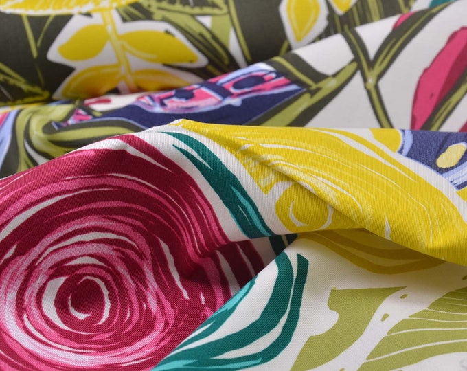 Cotton stretch trouser fabric, abstract, olive, red, blue - 135 cm wide - smooth, patterned fabric