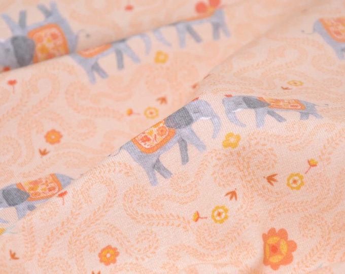 Children's jersey in apricot with elephants and flowers made of cotton - 140 cm wide - matt fabric, patterned