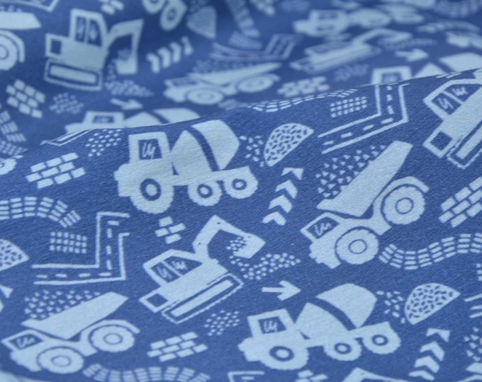 Children's jersey "Baumeister" with excavators, construction site by Hilco, blue - 150 cm wide - matt fabric, patterned