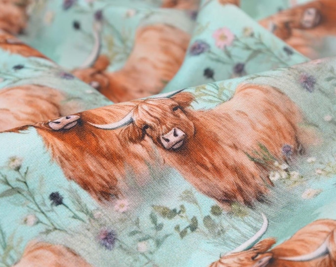 Sweatstoff aus Baumwolle in türkis mit Bisons, braun, von Hilco - 145cm breit - Stoff glatt, Tiere