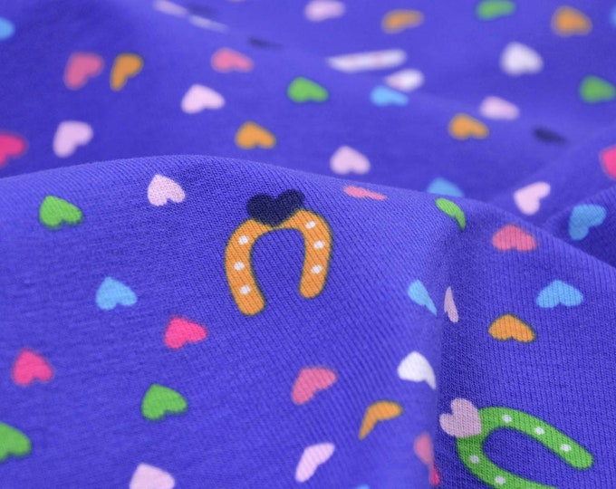 Children's cotton jersey with hearts, horseshoes in blue, green - 145 cm wide - matt, patterned fabric