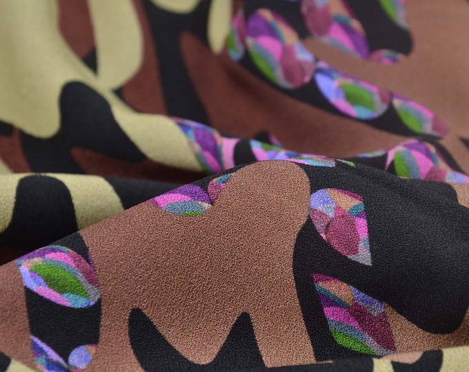 Viscose crepe blouse fabric with camouflage pattern in green, brown, and orange - 135 cm wide - matte fabric, camouflage