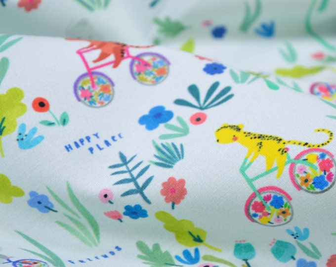 Children's jersey in white with bicycles, animals and flowers, green, blue, red, made of cotton - 145 cm wide - fabric matt, animals