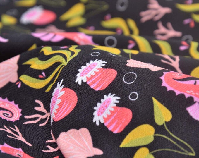 Children's jersey in black with maritime motifs, green, pink, made of cotton - 155 cm wide - patterned fabric, animals