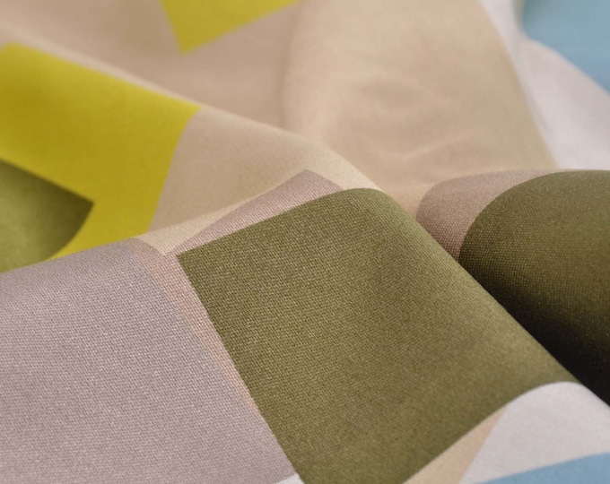 Blouse fabric satin made of viscose with geometric pattern, green, blue - 145 cm wide - shiny fabric, geometric pattern