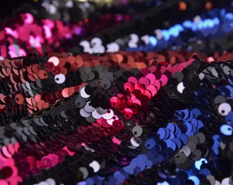 Designer fabric, fine tulle with colorful sequins and stripes - 130 cm wide - Fabric with sequins/beads and stripes