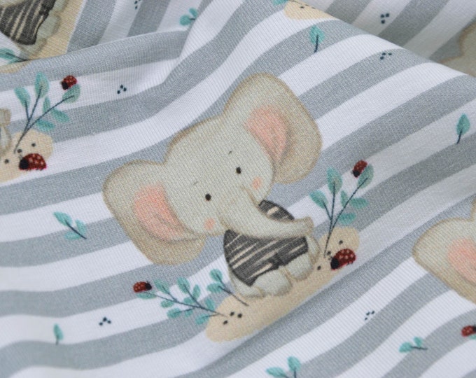 Children's jersey with stripes and elephants in grey - 140 cm wide - fabric patterned animals