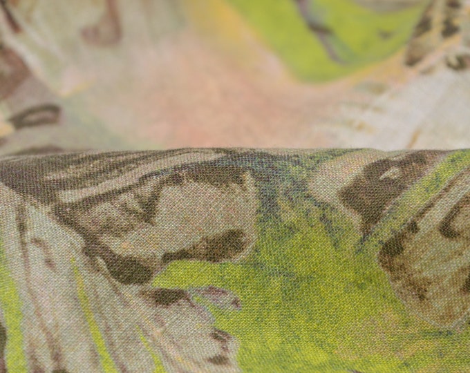 Leinen gemustert Blätter, grün, beige reines Leinen von Hilco - 140cm breit - Stoff Leinenoptik, gemustert