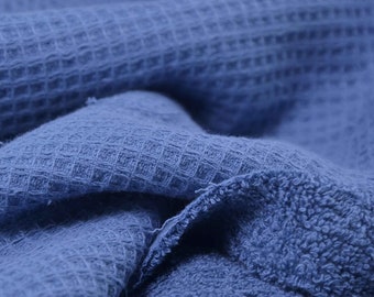 Terry cloth fabric with waffle piqué back made of cotton plain blue - 140 cm wide - fabric can be used on both sides, UNI