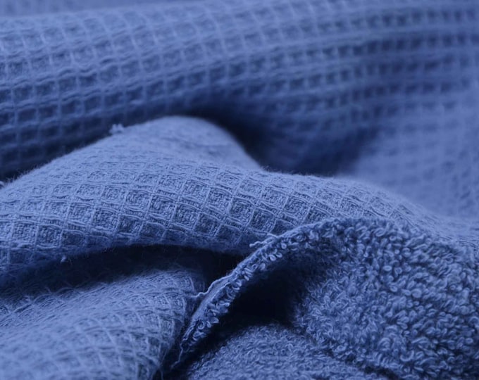 Terry cloth fabric with waffle piqué back made of cotton plain blue - 140 cm wide - fabric can be used on both sides, UNI