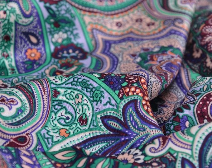 Viscose blouse fabric with paisley in green, blue, satin, shiny - 145 cm wide - fabric slightly shiny, paisley