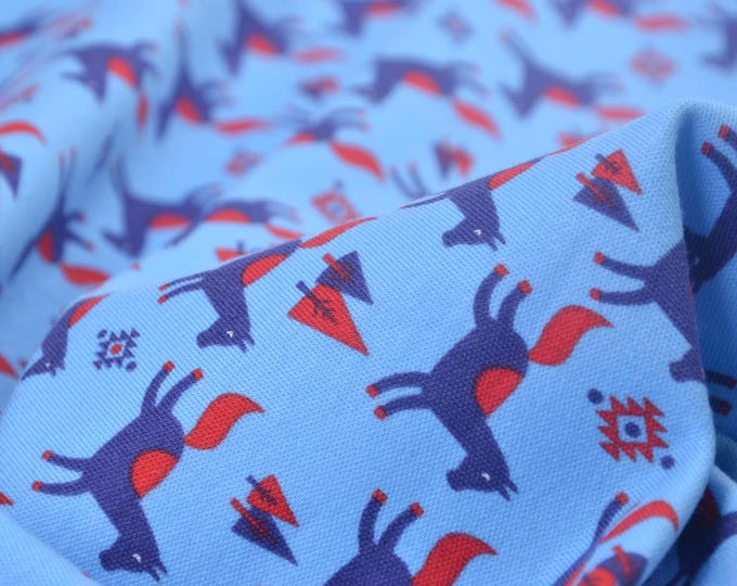 Children's jersey interlock in light blue with horses, red, made of cotton - 140 cm wide - patterned fabric, animals