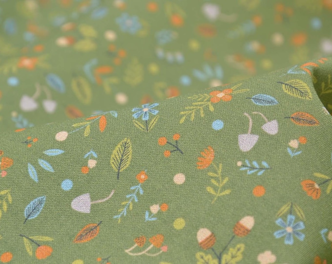 Cotton fabric "Forest Life", leaves, green, orange, beige, Westfalenstoffe - 145 cm wide - matte, patterned fabric
