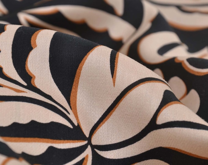 Blouse fabric made of viscose, satin, shiny with leaves beige, black - 145 cm wide - fabric slightly shiny, patterned