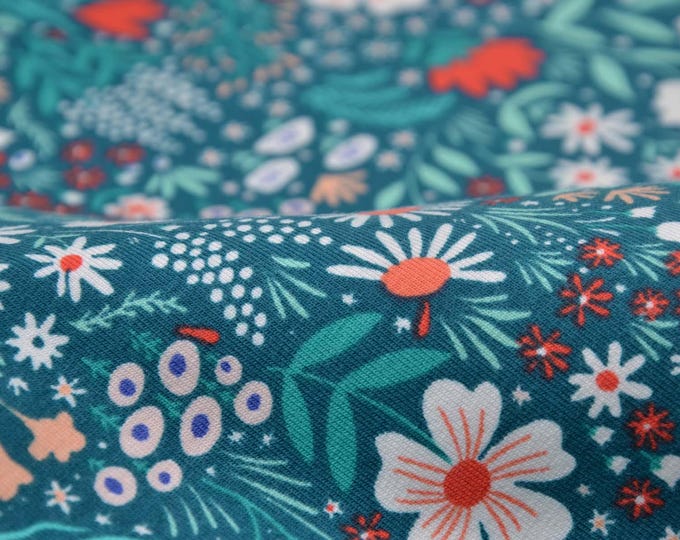 Children's cotton jersey in petrol with red and white flowers - 145 cm wide - matte, patterned fabric