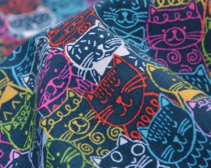 Baumwollstoff für Kinder, Makower, bunte Katzengesichter - 110cm breit - Stoff gemustert, Tiere