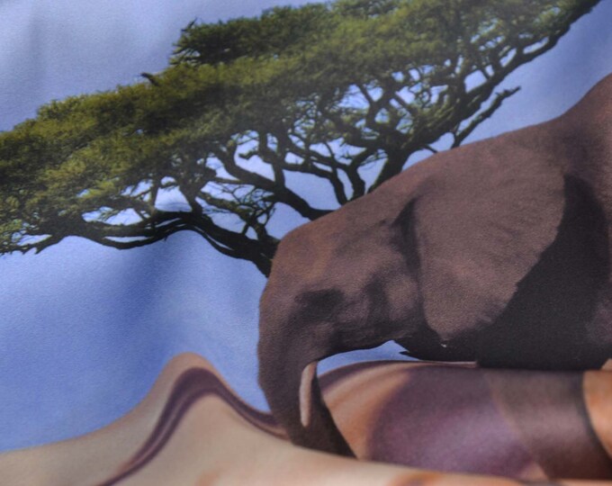 Silk panel 105 cm with elephants, beige, blue, green, stretch - 140 cm wide - shiny fabric, animals