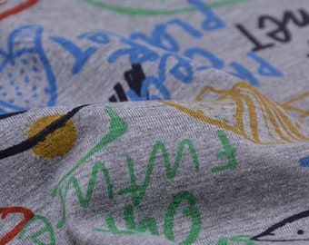 Kinderjersey mit Tieren und Schrift, grau - 145cm breit - Stoff matt Tiere