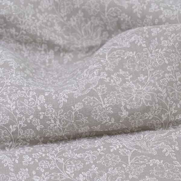 Linen fabric, pure linen gray with white flowers from Westfalenstoffe - 144 cm wide - fabric linen look, patterned