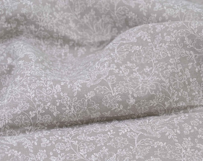 Leinenstoff, reines Leinen grau mit weißen Blumen von Westfalenstoffen - 144cm breit - Stoff Leinenoptik, gemustert