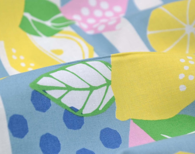 Cotton fabric with lemons and leaves, blue, yellow, green, white - 110 cm wide - smooth, patterned fabric
