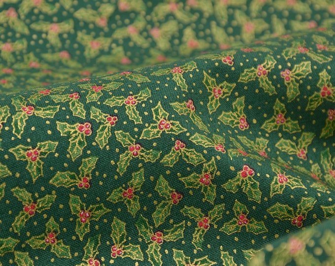 Christmas cotton fabric with gold mistletoe branches by Makower - 113 cm wide - smooth fabric, Christmas