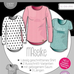 May include: A sewing pattern for a long-sleeved shirt with three different length options. The pattern includes two neckline variations and a curved hem. The pattern is for women's sizes 32-48. The image shows three different versions of the shirt: one with polka dots, one with pink stripes, and one with a teal pattern. The text on the image reads "Nähanleitung & Schnittmuster" and "MAseike".