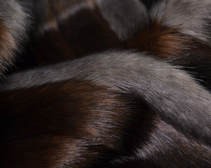 Coat fabric faux fur striped, stripes black, brown - 140 cm wide - fabric shiny stripes