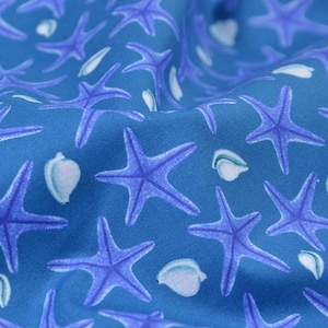 Cotton fabric maritime, starfish, shells, dark blue, white - 115 cm wide - smooth, patterned fabric