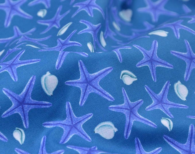 Nautical cotton fabric with starfish and shells, dark blue and white - 115 cm wide - smooth, patterned fabric