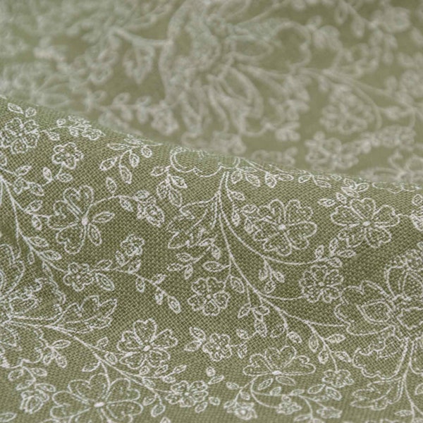 Linen fabric, pure linen green with white flowers from Westfalenstoffe - 144 cm wide - fabric linen look, patterned