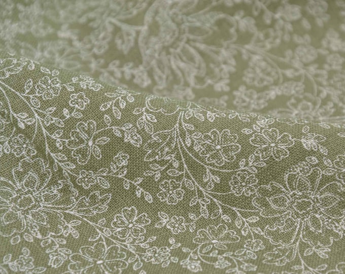 Leinenstoff, reines Leinen grün mit weißen Blumen von Westfalenstoffen - 144cm breit - Stoff Leinenoptik, gemustert