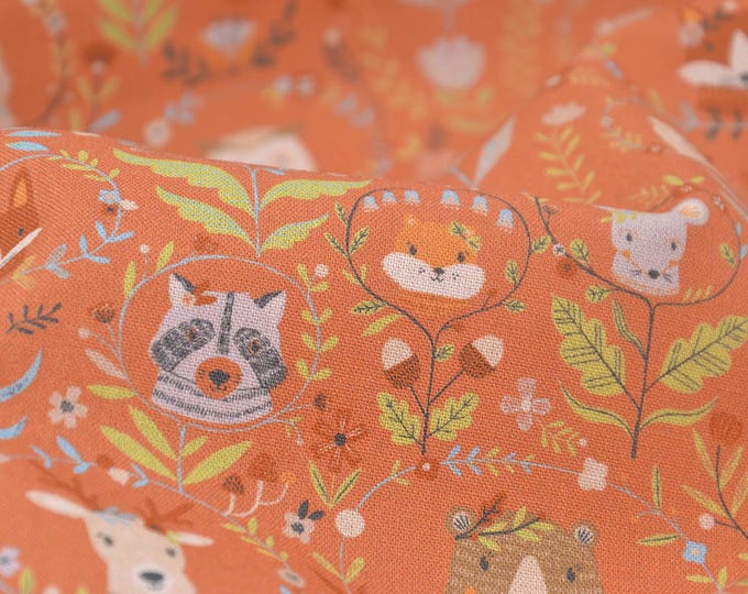 Orange cotton fabric with woodland animals, orange, green, beige, Westfalenstoffe - 145 cm wide - patterned fabric, animals