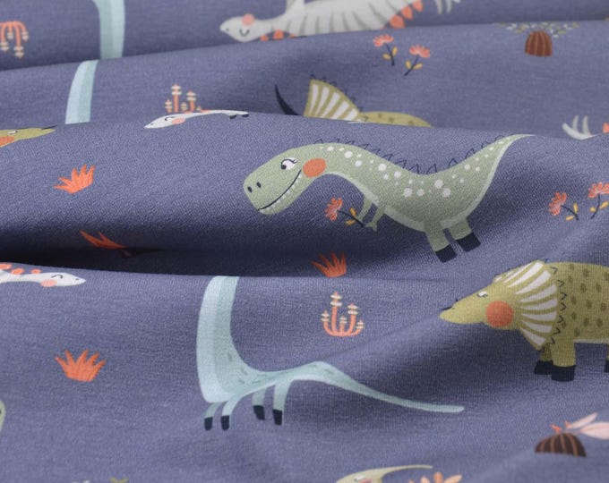 Children's cotton jersey with dinosaurs in green and mint by Hilco - 150 cm wide - smooth fabric, animals