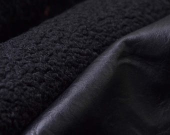 Coat fabric faux leather with teddy, plush in black - 150 cm wide - fabric can be used on both sides, UNI