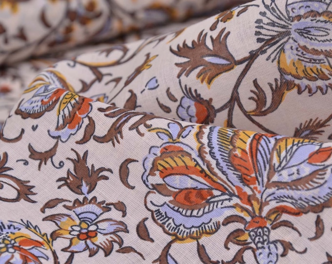Blouse fabric batiste made of pure cotton in beige with flowers, brown - 145 cm wide - fabric semi-transparent, patterned