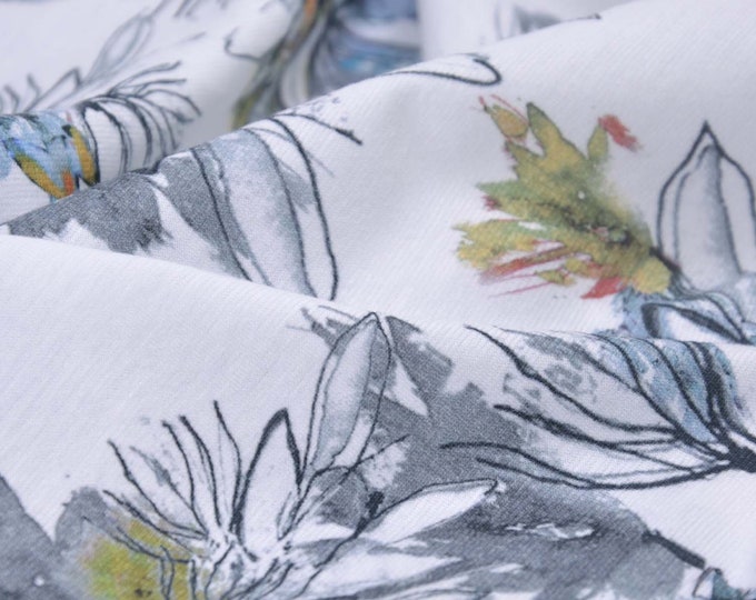 Jersey cotton fabric in white with flowers, blue, green - 145 cm wide - smooth, patterned fabric