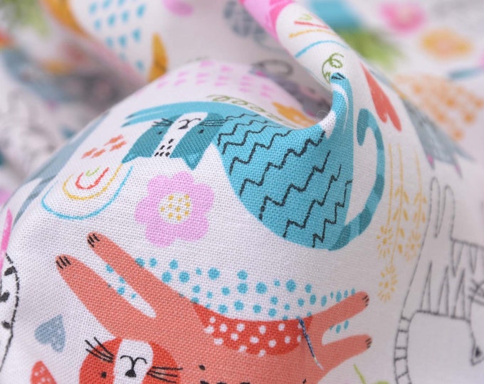 Baumwollstoff für Kinder, Makower, bunte Katzen, Blumen, Herzen - 110cm breit - Stoff gemustert, Tiere