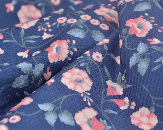 Sweatstoff aus Baumwolle in dunkelblau mit Blumen von Hilco - 145cm breit - Stoff glatt, gemustert