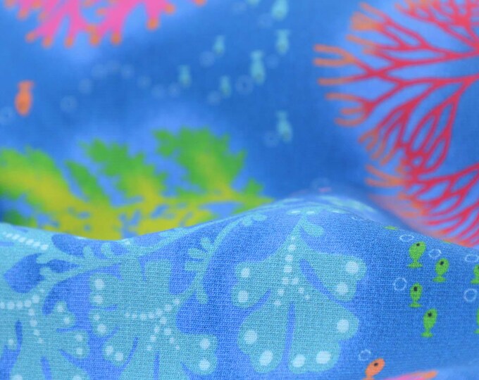 Children's jersey with sea plants, blue, green, pink, cotton - 150 cm wide - matte, patterned fabric