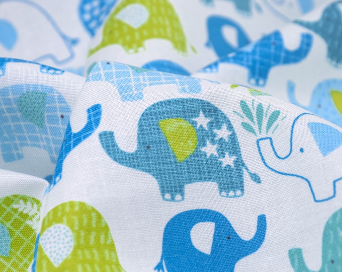 Baumwollstoff mit Elefanten, grün, blau, Jungs, Kinder von Makower - 110cm breit - Stoff gemustert, Tiere