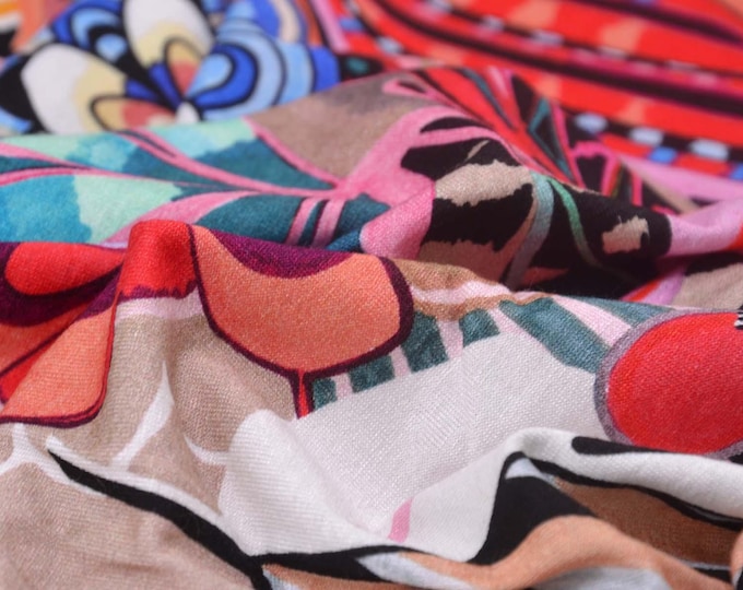 Viscose jersey fabric made in Italy with large flowers, pink, turquoise - 150 cm wide - smooth, patterned fabric