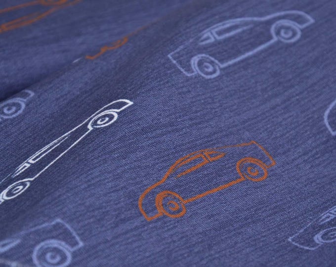 Kinderjersey mit Autos, blau, weiß, rot aus Baumwolle - 150cm breit - Stoff matt, gemustert