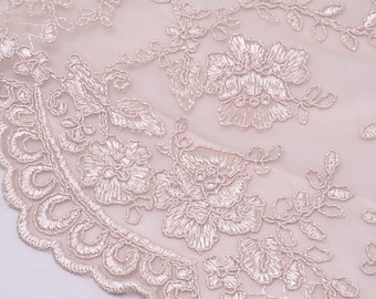 May include: A close-up of delicate, pale pink lace fabric with a floral pattern. The lace has a scalloped edge and is made of a fine mesh material.
