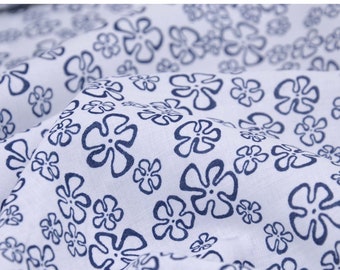 White viscose blouse fabric with dark blue flowers - 140 cm wide - smooth, patterned fabric