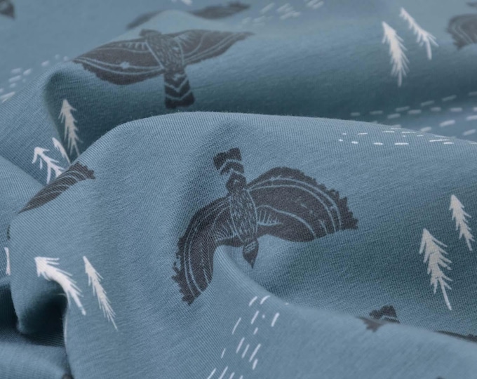Children's jersey fabric in grey with birds and small fir trees, made of cotton - 150 cm wide - smooth fabric, animals