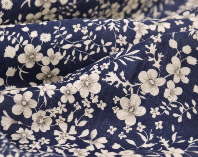 cotton, flowers, dark blue, beige, Kokka